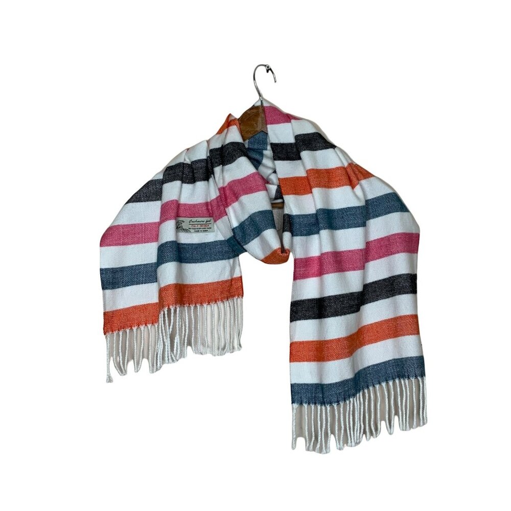 Cashmere Feel Italy Design Bold Colorful Stripe Fringe Scarf Orange Pink White